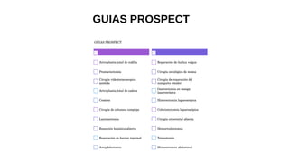 GUIAS PROSPECT
Artroplastia total de rodilla
Prostactectomia
Cirugía videotoracoscopica
asistida
Artroplastia total de cadera
Cesárea
Cirugía de columna compleja
Laminectomia
Resección hepática abierta
Reparación de hernia inguinal
Amigdalectomia
Reparación de hallux valgus
Cirugía oncológica de mama
Cirugía de reparación del
manguito rotador
Gastrectomia en manga
laparoscópica
Histerectomía laparoscópica
Colecistectomía laparoscópica
Cirugía colorrectal abierta
Hemorroidectomia
Toracotomía
Histerectomía abdominal.
GUIAS PROSPECT
 