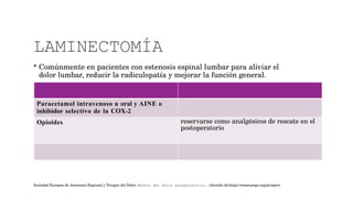 LAMINECTOMÍA
 Comúnmente en pacientes con estenosis espinal lumbar para aliviar el
dolor lumbar, reducir la radiculopatía y mejorar la función general.
Paracetamol intravenoso u oral y AINE o
inhibidor selectivo de la COX-2
Opioides reservarse como analgésicos de rescate en el
postoperatorio
Sociedad Europea de Anestesia Regional y Terapia del Dolor. Manejo del dolor posoperatorio, obtenido de:https://esraeurope.org/prospect
 
