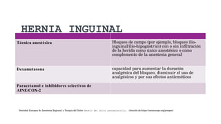 HERNIA INGUINAL
Técnica anestésica Bloqueo de campo (por ejemplo, bloqueo ilio-
inguinal/ilio-hipogástrico) con o sin infiltración
de la herida como único anestésico o como
complemento de la anestesia general
Dexametasona capacidad para aumentar la duración
analgésica del bloqueo, disminuir el uso de
analgésicos y por sus efectos antieméticos
Paracetamol e inhibidores selectivos de
AINE/COX-2
Sociedad Europea de Anestesia Regional y Terapia del Dolor. Manejo del dolor posoperatorio, obtenido de:https://esraeurope.org/prospect
 