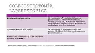 COLECISTECTOMÍA
LAPAROSCÓPICA
Herida (sitio del puerto) LA Se recomienda LA en el sitio del puerto,
preferiblemente administrado antes de la
incisión, usando un LA de acción prolongada
para prolongar su efecto (Grado A), basado en
evidencia de beneficio analgésico
Neumoperitoneo a baja presión Se recomienda el neumoperitoneo a baja
presión (10-12 mm Hg) si es quirúrgicamente
posible (Grado A)
Paracetamol intravenoso y AINE o inhibidor
selectivo de la COX-2
Sociedad Europea de Anestesia Regional y Terapia del Dolor. Manejo del dolor posoperatorio, obtenido de:https://esraeurope.org/prospect
 