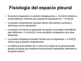 Fisiología del espacio pleural
• Durante la inspiración, la presión intrapleural es  -8 cmH20 (inferior a
  la atmosférica), mientras que durante la espiración es  -4 cmH20
• La presión intrapulmonar (presión dentro del pulmón) aumenta y
  disminuye con la respiración
• La presión al final de la espiración se iguala a la presión atmosférica
  (por definición = 0 cmH2O) y sirve de patrón comparativo con otras
  presiones
• La presión intrapleural también fluctúa con la respiración  4 cmH2O
  menos que la presión intrapulmonar
• La diferencia de presión de 4 cmH2O a lo largo de la pared alveolar
  genera la fuerza que mantiene los pulmones expandidos adheridos a
  la pared torácica.
 