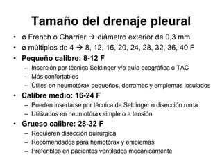Tamaño del drenaje pleural
• ø French o Charrier  diámetro exterior de 0,3 mm
• ø múltiplos de 4  8, 12, 16, 20, 24, 28, 32, 36, 40 F
• Pequeño calibre: 8-12 F
   – Inserción por técnica Seldinger y/o guía ecográfica o TAC
   – Más confortables
   – Útiles en neumotórax pequeños, derrames y empiemas loculados
• Calibre medio: 16-24 F
   – Pueden insertarse por técnica de Seldinger o disección roma
   – Utilizados en neumotórax simple o a tensión
• Grueso calibre: 28-32 F
   – Requieren disección quirúrgica
   – Recomendados para hemotórax y empiemas
   – Preferibles en pacientes ventilados mecánicamente
 