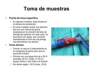 Toma de muestras
•   Puerta de toma específica
     – En algunos modelos, está situada en
       la cámara de recolección
     – En otros modelos existe una abertura
       tipo luer con válvula de goma,
       localizada en el conector del tubo de
       drenaje de paciente. En este caso, no
       puncionar con aguja, sino conectar
       directamente el cono de una jeringa
       tras desinfectar con alcohol
•   Toma directa
     – Formar un asa en U descendente en
       la manguera de goma para que se
       acumule el fluido
     – Pinchar con una aguja fina de ≥ 20 G
       (amarilla, 20 G o verde, 21 G) en
       ángulo oblicuo, tras frotar con alcohol
     – No utilizar aguja > 20 G (rosa, 18 G)
 