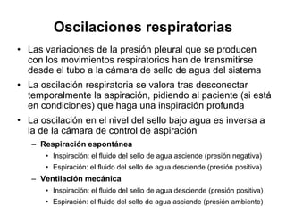 Oscilaciones respiratorias
• Las variaciones de la presión pleural que se producen
  con los movimientos respiratorios han de transmitirse
  desde el tubo a la cámara de sello de agua del sistema
• La oscilación respiratoria se valora tras desconectar
  temporalmente la aspiración, pidiendo al paciente (si está
  en condiciones) que haga una inspiración profunda
• La oscilación en el nivel del sello bajo agua es inversa a
  la de la cámara de control de aspiración
   – Respiración espontánea
      • Inspiración: el fluido del sello de agua asciende (presión negativa)
      • Espiración: el fluido del sello de agua desciende (presión positiva)
   – Ventilación mecánica
      • Inspiración: el fluido del sello de agua desciende (presión positiva)
      • Espiración: el fluido del sello de agua asciende (presión ambiente)
 