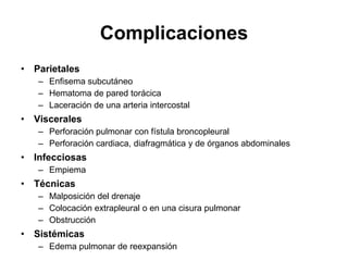 Complicaciones
• Parietales
   – Enfisema subcutáneo
   – Hematoma de pared torácica
   – Laceración de una arteria intercostal
• Viscerales
   – Perforación pulmonar con fístula broncopleural
   – Perforación cardiaca, diafragmática y de órganos abdominales
• Infecciosas
   – Empiema
• Técnicas
   – Malposición del drenaje
   – Colocación extrapleural o en una cisura pulmonar
   – Obstrucción
• Sistémicas
   – Edema pulmonar de reexpansión
 