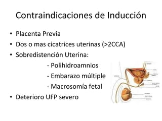 Contraindicaciones de Inducción Placenta Previa Dos o mas cicatrices uterinas (>2CCA) Sobredistención Uterina: - Polihidroamnios - Embarazo múltiple - Macrosomía fetal Deterioro UFP severo 