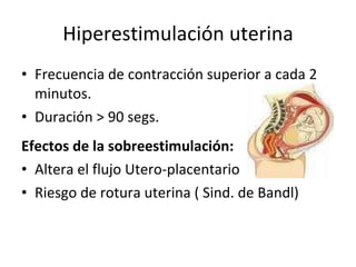 Hiperestimulación uterina Frecuencia de contracción superior a cada 2 minutos. Duración > 90 segs. Efectos de la sobreestimulación: Altera el flujo Utero-placentario Riesgo de rotura uterina ( Sind. de Bandl) 