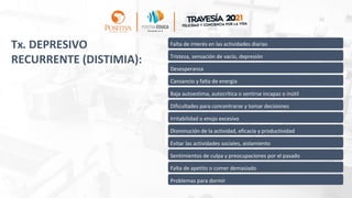 Tx. DEPRESIVO
RECURRENTE (DISTIMIA):
Falta de interés en las actividades diarias
Tristeza, sensación de vacío, depresión
Desesperanza
Cansancio y falta de energía
Baja autoestima, autocrítica o sentirse incapaz o inútil
Dificultades para concentrarse y tomar decisiones
Irritabilidad o enojo excesivo
Disminución de la actividad, eficacia y productividad
Evitar las actividades sociales, aislamiento
Sentimientos de culpa y preocupaciones por el pasado
Falta de apetito o comer demasiado
Problemas para dormir
 