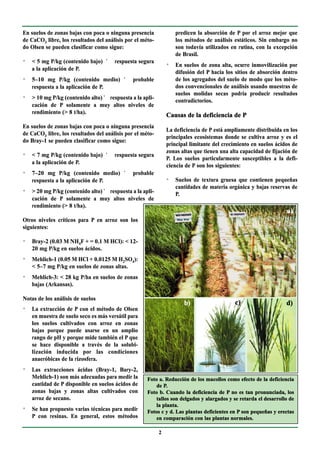 En suelos de zonas bajas con poca o ninguna presencia              predicen la absorción de P por el arroz mejor que
de CaCO3 libre, los resultados del análisis por el méto-           los métodos de análisis estáticos. Sin embargo no
do Olsen se pueden clasificar como sigue:                          son todavía utilizados en rutina, con la excepción
                                                                   de Brasil.
n
    < 5 mg P/kg (contenido bajo) ‘     respuesta segura        n
                                                                   En suelos de zona alta, ocurre inmovilización por
    a la aplicación de P.
                                                                   difusión del P hacia los sitios de absorción dentro
n
    5–10 mg P/kg (contenido medio) ‘           probable            de los agregados del suelo de modo que los méto-
    respuesta a la aplicación de P.                                dos convencionales de análisis usando muestras de
                                                                   suelos molidas secas podría producir resultados
n
    > 10 mg P/kg (contenido alto) ‘ respuesta a la apli-
                                                                   contradictorios.
    cación de P solamente a muy altos niveles de
    rendimiento (> 8 t/ha).
                                                               Causas de la deficiencia de P
En suelos de zonas bajas con poca o ninguna presencia
                                                               La deficiencia de P está ampliamente distribuida en los
de CaCO3 libre, los resultados del análisis por el méto-
                                                               principales ecosistemas donde se cultiva arroz y es el
do Bray-1 se pueden clasificar como sigue:
                                                               principal limitante del crecimiento en suelos ácidos de
                                                               zonas altas que tienen una alta capacidad de fijación de
n
    < 7 mg P/kg (contenido bajo) ‘     respuesta segura
                                                               P. Los suelos particularmente susceptibles a la defi-
    a la aplicación de P.
                                                               ciencia de P son los siguientes:
n
    7–20 mg P/kg (contenido medio) ‘           probable
    respuesta a la aplicación de P.                            n
                                                                   Suelos de textura gruesa que contienen pequeñas
                                                                   cantidades de materia orgánica y bajas reservas de
n
    > 20 mg P/kg (contenido alto) ‘ respuesta a la apli-           P.
    cación de P solamente a muy altos niveles de
    rendimiento (> 8 t/ha).
                                                                                                                  a)
Otros niveles críticos para P en arroz son los
siguientes:

n
    Bray-2 (0.03 M NH4F + = 0.1 M HCl): < 12-
    20 mg P/kg en suelos ácidos.
n
    Mehlich-1 (0.05 M HCl + 0.0125 M H2SO4):
    < 5–7 mg P/kg en suelos de zonas altas.
n
    Mehlich-3: < 28 kg P/ha en suelos de zonas
    bajas (Arkansas).

Notas de los análisis de suelos
                                                                      b)                    c)                    d)
n
    La extracción de P con el método de Olsen
    en muestra de suelo seco es más versátil para
    los suelos cultivados con arroz en zonas
    bajas porque puede usarse en un amplio
    rango de pH y porque mide también el P que
    se hace disponible a través de la solubi-
    lización inducida por las condiciones
    anaeróbicas de la rizosfera.
n
    Las extracciones ácidas (Bray-1, Bary-2,
    Mehlich-1) son más adecuadas para medir la       Foto a. Reducción de los macollos como efecto de la deficiencia
    cantidad de P disponible en suelos ácidos de         de P.
    zonas bajas y zonas altas cultivados con         Foto b. Cuando la deficiencia de P no es tan pronunciada, los
    arroz de secano.                                     tallos son delgados y alargados y se retarda el desarrollo de
                                                         la planta.
n
    Se han propuesto varias técnicas para medir      Fotos c y d. Las plantas deficientes en P son pequeñas y erectas
    P con resinas. En general, estos métodos             en comparación con las plantas normales.

                                                           2
 