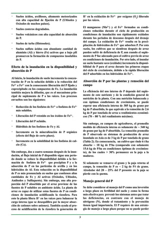 n
    Suelos ácidos, arcillosos, altamente meteorizados           H+ en la oxidación de Fe2+ por oxígeno (O2) liberado
    con alta capacidad de fijación de P (Ultisoles y            por las raíces.
    Oxisoles de muchos países).
                                                                El manganeso (Mn2+) y el Fe2+ formados en condi-
n
    Suelos costeros degradados.
                                                                ciones reducidas durante el ciclo de producción en
n
    Suelos volcánicos con alta capacidad de absorción           condiciones de inundación son rápidamente oxidados
    de P.                                                       durante los periodos de descanso después del drenaje
                                                                del campo. La oxidación de Fe2+ resulta en la preci-
n
    Suelos de turba (Histosoles).
                                                                pitación de hidróxidos de Fe3+ que adsorben P. Por esta
n
    Suelos sulfato ácidos con abundante cantidad de             razón, los cultivos que se siembran después de arroz
    aluminio (Al) y hierro (Fe) activos que a bajo pH           pueden sufrir de deficiencia de P, aun cuando el suple-
    promueven la formación de compuestos insolubles             mento de P fue adecuado para el cultivo previo de arroz
    de P.                                                       en condiciones de inundación. Por otro lado, el inundar
                                                                un suelo bastante seco (oxidado) incrementa la disponi-
Efecto de la inundación en la disponibilidad y                  bilidad de P para el arroz durante las primeras etapas
absorción de P                                                  del ciclo de crecimiento, debido a la rápida liberación
                                                                del P adsorbido en los hidróxidos de Fe3+.
Al inicio, la inundación de suelo incrementa la concen-
tración de P en la solución debido a la reducción del           Absorción de P por las plantas y remoción del
Fe3+ a Fe2+ con la consecuente liberación del P fijado y        campo
coprecipitado en los compuestos de Fe. La inundación
también mejora la difusión, que es el mecanismo prin-           La eficiencia del uso interno de P depende del suple-
cipal de suplemento de P a las raíces. Los procesos             mento de este nutriente y de la condición general de
envueltos son los siguientes:                                   nutrición de la planta. Con una nutrición balanceada y
                                                                con óptimas condiciones de crecimiento, se puede
n
    Reducción de los fosfatos de Fe3+ a fosfatos de Fe2+        esperar una eficiencia interna de 385 kg de grano por
    más solubles.                                               kg de P absorbido, lo que equivale a la remoción de 2.6
                                                                kg de P por tonelada de arroz a rendimientos económi-
n
    Liberación del P retenido en los óxidos de Fe3+.            cos (70 – 80 % del rendimiento máximo).
n
    Liberación del P ocluido.
                                                                Sin embargo, en campos de agricultores, el promedio
n
    Hidrólisis de los fosfatos de Fe y Al.                      medido de eficiencia interna es solamente de ~ 340 kg
n
    Incremento en la mineralización de P orgánico               de grano por kg de P absorbido. La remoción promedio
    (efecto del flujo de corto plazo).                          de P observada en sistemas de producción de arroz
                                                                inundado en Asia es de 3 kg de P por tonelada de grano
n
    Incremento en la solubilidad de los fosfatos de cal-        (Tabla 2). En consecuencia, un cultivo que rinde 6 t/ha
    cio (Ca).                                                   absorbe ~ 18 kg de P/ha (comparado con solamente
                                                                15.6 kg de P/ha en condiciones óptimas de crecimien-
Sin embargo, dos a cuatro semanas después de la inun-           to), de los cuales > 30% permanece en la paja a la
dación, al flujo inicial de P disponible sigue una perío-       madurez.
do donde se reduce la disponibilidad debido a la for-
mación de fosfatos de Fe2+ que precipitan P y a la              Si solamente se remueve el grano y la paja retorna al
adsorción de P en las partículas de arcilla y en los            campo, la remoción de P es ~ 2 kg de P/t de grano.
hidróxidos de Al. Esta reducción en la disponibilidad           Alrededor del 20 – 25% del P presente en la paja se
de P es más pronunciada en suelos que contienen altas           pierde con la quema.
cantidades de Fe y Al activos (Oxisoles, Ultisoles,
Andisoles y Sulfaquests). Sin embargo, una alta pro-            Manejo general del P
porción del P absorbido por el arroz proviene de las
fuentes de P solubles en ambiente ácido. La planta de           Se debe considerar al manejo del P como una inversión
arroz es capaz de utilizar estas fuentes de P en condi-         a largo plazo en fertilidad del suelo y como la forma
ciones de inundación acidificando la rizosfera. Para            más efectiva para prevenir los síntomas antes que tratar
esto la planta libera H+ en las raíces para balancear la        las deficiencias, en contraste con el manejo de
carga interna (que se desequilibra por la mayor absor-          nitrógeno (N), donde el tratamiento y la prevención
ción de cationes sobre aniones). También ayuda al pro-          tienen igual importancia. El P requiere de una estrate-
ceso de acidificación de la rizosfera la generación de          gia de manejo a largo plazo porque no se puede perder

                                                            3
 