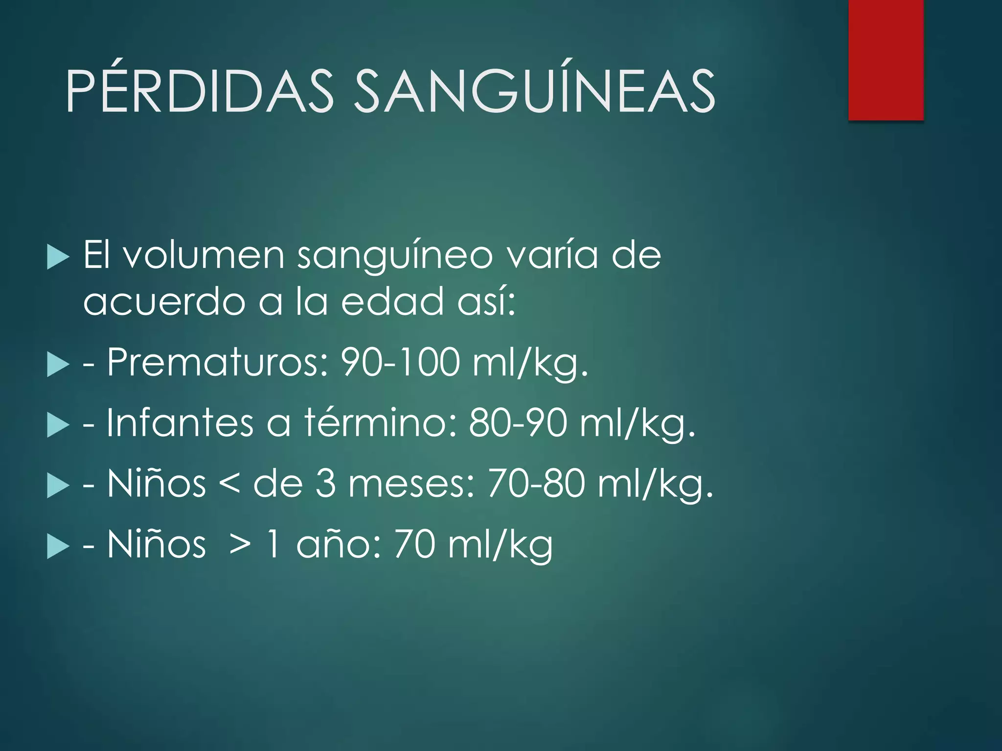 PÉRDIDAS SANGUÍNEAS
 El volumen sanguíneo varía de
acuerdo a la edad así:
 - Prematuros: 90-100 ml/kg.
 - Infantes a término: 80-90 ml/kg.
 - Niños < de 3 meses: 70-80 ml/kg.
 - Niños > 1 año: 70 ml/kg
 