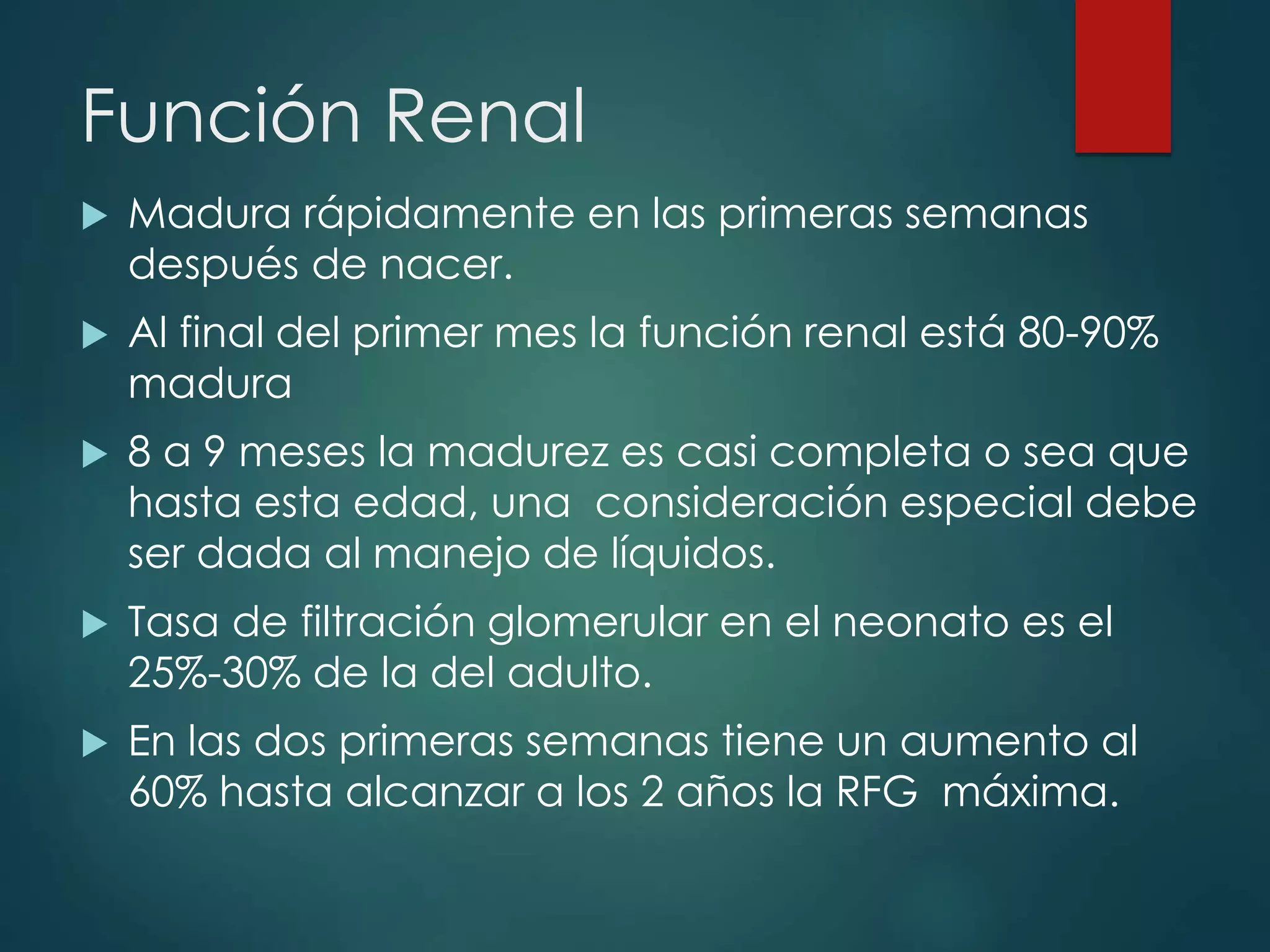 Función Renal
 Madura rápidamente en las primeras semanas
después de nacer.
 Al final del primer mes la función renal está 80-90%
madura
 8 a 9 meses la madurez es casi completa o sea que
hasta esta edad, una consideración especial debe
ser dada al manejo de líquidos.
 Tasa de filtración glomerular en el neonato es el
25%-30% de la del adulto.
 En las dos primeras semanas tiene un aumento al
60% hasta alcanzar a los 2 años la RFG máxima.
 