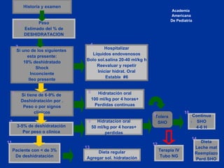 Historia y examen Peso Estimado del % de DESHIDRATACION Si uno de los siguientes  esta presente: 10% deshidratado Shock Inconciente Ileo presente 3-5% de deshidratación Por peso o clinica Si tiene de 6-9% de  Deshidratación por . Peso o por signos clinicos Paciente con < de 3% De deshidratación Dieta regular Agregar sol. hidratación Hospitalizar Líquidos endovenosos Bolo sol.salina 20-40 ml/kg h Reevaluar y repetir Iniciar hidrat. Oral Estable  #6 Hidratación oral 100 ml/kg por 4 horas+ Perdidas continuas Hidratacion oral 50 ml/kg por 4 horas+ perdidas Tolera  SHO Continua SHO 4-6 H Terapia IV Tubo NG Dieta Leche mat Reemplazo Perd.SHO Academia  Americana De Pediatría 1 2 3 4 5 6 7 8 9 10 10 11 13 12 14 