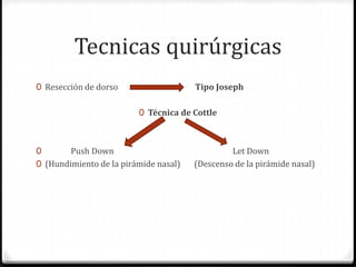 Tecnicas quirúrgicas
0 Resección de dorso Tipo Joseph
0 Técnica de Cottle
0 Push Down Let Down
0 (Hundimiento de la pirámide nasal) (Descenso de la pirámide nasal)
 