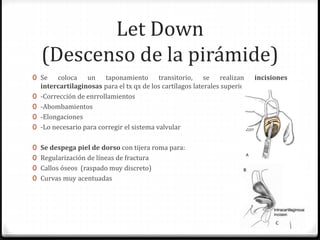 Let Down
(Descenso de la pirámide)
0 Se coloca un taponamiento transitorio, se realizan incisiones
intercartilaginosas para el tx qx de los cartílagos laterales superiores
0 -Corrección de enrrollamientos
0 -Abombamientos
0 -Elongaciones
0 -Lo necesario para corregir el sistema valvular
0 Se despega piel de dorso con tijera roma para:
0 Regularización de líneas de fractura
0 Callos óseos (raspado muy discreto)
0 Curvas muy acentuadas
 