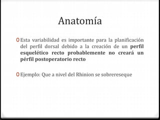 Anatomía
0 Esta variabilidad es importante para la planificación
del perfil dorsal debido a la creación de un perfil
esquelético recto probablemente no creará un
pérfil postoperatorio recto
0 Ejemplo: Que a nivel del Rhinion se sobrereseque
 