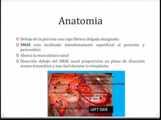 Anatomia
0 Debajo de la piel esta una capa fibrosa delgada designada:
0 SMAS esta localizado inmediatamente superficial al periostio y
pericondrio
0 Abarca la musculatura nasal
0 Disección debajo del SMAS nasal proporciona un plano de disección
menos traumático y mas facil durante la rinoplastia
 