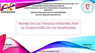 Facilitador: Integrante:
Prof. Mayira Bravo Rosa Rojas C.I: 19.267.811
A.C. DE ESTUDIOS SUPERIORES GERENCIALES CORPORATIVOS VALLES DEL TUY
UNIVERSIDAD BICENTENARIA DE ARAGUA
CENTRO REGIONAL DE APOYO TECNOLÓGICO VALLES DEL TUY
(CREATEC)
Materia: Educación para la Sostenibilidad
Carrera: Derecho/ Sección C01
Charallave, Octubre de 2017
 