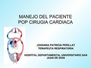 MANEJO DEL PACIENTE
POP CIRUGIA CARDIACA



         JOHANNA PATRICIA PERILLAT
          TERAPEUTA RESPIRATORIA

  HOSPITAL DEPARTAMENTAL UNIVERSITARIO SAN
                JUAN DE DIOS
 