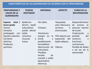CARACTERÍSTICAS DE LAS QUEMADURAS DE ACUERDO CON SU PROFUNDIDAD

PROFUNDIDAD Y          TEJIDOS            SINTOMAS          ASPECTO          CURSO DE LA
 CAUSA DE LA          AFECTADOS                                             RECUPERACION
 QUEMADURA

Espesor total /      Epidermis      ,   •Sin dolor.      •Sequedad,       Desprendimiento
tercer grado         dermis , tejido                     color blancuzco, de escaras se
Llamas.              subcutáneo;        •Choque .        correoso      o  precisan injertos
Contacto             puede afectar                       chamuscado.      de la piel.
prolongado con       tejido             •Hematuria                        Cicatrización   y
líquidos calientes   conectivo      ,   (sangre en la •Piel abierta con perdida         del
Corriente            musculo       y    orina)         y exposición del contorno          y
eléctrica.           hueso.             posiblemente     tejido adiposo . funciones;
Productos                               hemodiálisis                      contracturas.
químicos.                               (destrucción de •Edema.           Perdida de dedos
                                        eritrocitos).                     o tal vez de la
                                        •Posibles                         extremidad
                                        heridas       de
                                        entrada y salida
                                        (quemadura
                                        eléctrica).
                                                                                       15
 