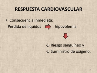 RESPUESTA CARDIOVASCULAR
• Consecuencia inmediata:
 Perdida de líquidos      hipovolemia



                    ↓ Riesgo sanguíneo y
                    ↓ Suministro de oxigeno.



                                           30
 