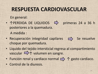 RESPUESTA CARDIOVASCULAR
    En general:
•   ↑PERDIDA DE LIQUIDOS                 primeras 24 a 36 h
    posteriores a la quemadura.
    A medida :
•   Recuperación integridad capilares             Se resuelve
    choque por quemadura.
•   Liquido del tejido intersticial regresa al compartimiento
    vascular     ↑ volumen en sangre.
•   Función renal y cardiaco normal         ↑ gasto cardiaco.
•   Control de la diuresis.
                                                         34
 
