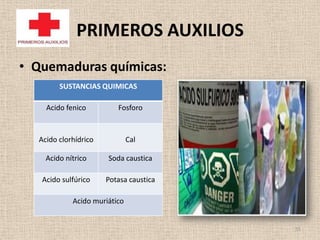 PRIMEROS AUXILIOS
• Quemaduras químicas:
        SUSTANCIAS QUIMICAS

    Acido fenico         Fosforo


  Acido clorhídrico           Cal

    Acido nítrico     Soda caustica

   Acido sulfúrico    Potasa caustica

            Acido muriático


                                        55
 
