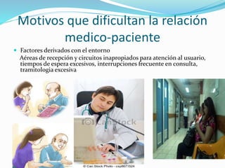 Motivos que dificultan la relación 
medico-paciente 
 Factores derivados con el entorno 
Aéreas de recepción y circuitos inapropiados para atención al usuario, 
tiempos de espera excesivos, interrupciones frecuente en consulta, 
tramitologia excesiva 
 