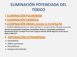 ELIMINACIÓN POTENCIADA DEL
TÓXICO
1.ELIMINACIÓN PULMONAR
2.ELIMINACIÓN HEPÁTICA
3.ELIMINACIÓN RENAL (uresis 3-5 ml/kg/h)
 DIURESIS FORZADA (diuresis) sol. Salina 250-500 ml + 25 g de manitol o 40 mg de furosemida
Diuresis forzadaalcalina (salicilatos, fenobarbital, fluoruro, metrotexate, quinolonas).
Bicarbonato de Na 1-2 mEq/l IV en 5 min, luego en infusion 30-50 mEq/l en un litro de sol.
Mixta a 200 ml/ h
4. DEPURACIÓN EXTRARRENAL
 Hemodiálisis
 Diálisis peritoneal
 Plasmaféresis
 Exanguinotransfusión
 
