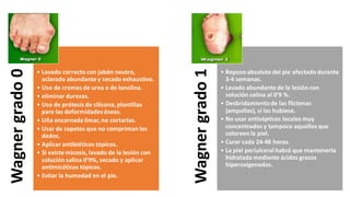 Wagnergrado0
• Lavado correcto con jabón neutro,
aclarado abundante y secado exhaustivo.
• Uso de cremas de urea o de lanolina.
• eliminar durezas.
• Uso de prótesis de silicona, plantillas
para las deformidadesóseas.
• Uña encarnada limar, no cortarlas.
• Usar de zapatos que no compriman los
dedos.
• Aplicar antibióticos tópicos.
• Si existe micosis, lavado de la lesión con
solución salina 0’9%, secado y aplicar
antimicóticos tópicos.
• Evitar la humedad en el pie.
Wagnergrado1
• Reposo absoluto del pie afectado durante
3-4 semanas.
• Lavado abundante de la lesión con
solución salina al 0’9 %.
• Desbridamientode las flictenas
(ampollas), si las hubiese.
• No usar antisépticos locales muy
concentrados y tampoco aquellos que
coloreen la piel.
• Curar cada 24-48 horas.
• La piel periulceral habrá que mantenerla
hidratada mediante ácidos grasos
hiperoxigenados.
 