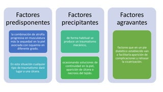 Factores
predisponentes
la combinación de atrofia
progresiva en musculatura
más la sequedad en la piel
asociada con isquemia en
diferente grado.
En esta situación cualquier
tipo de traumatismo dará
lugar a una úlcera.
Factores
precipitantes
de forma habitual se
produce un traumatismo
mecánico,
ocasionando soluciones de
continuidad en la piel,
aparición de úlcera o
necrosis del tejido.
Factores
agravantes
factores que en un pie
diabético establecido van
a facilitarla aparición de
complicaciones y retrasar
la cicatrización.
 