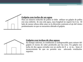 Galpón con techo de un agua
Para un número reducido de pollos se debe utilizar un galpón de pollos
con una cubierta de una sola agua, cuya longitud no supere los 6 m. El
lado de menor altura debe estar en la dirección contraria al eje del viento
predominante en que se encuentra ubicado el galpón.
Galpón con techos de dos aguas
En tiempo caluroso, la ventilación es indispensable para extraer del
galpón el exceso de calor producido por las aves. Un galpón con
techo de dos aguas cerradas con un ancho de 8 a 10 m., tiene el
inconveniente de que no permite una adecuada ventilación
superior.
 