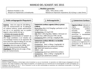 MANEJO DEL SCASEST. SEC 2015
Aspirina: dosis de carga de 150-300mg y
dosis de mantenimiento de 75-100mg/d;
sin cubierta entérica, puede administrarse
por vía i.v. en pacientes que no pueden
deglutir a dosis de 80-150 mg i.v.
+ Inhibidor del receptor de ADP:
Prasugrel: Contraindicado en SCASEST de
alto riesgo candidatos a ser tratados con
una estrategia invasiva en las siguientes 48
horas Dosis de carga de 60mg por vía oral,
dosis de mantenimiento de 10 mg/d.
Ticagrelor: dosis de carga de 180mg VO Y
dosis de mantenimiento de 90mg BID.
Clopidogrel: 300mg dosis de carga y 75mg
dosis de mantenimiento.
2. Doble antiagregación Plaquetaria 3. Anticoagulación
Cateterismo cardíaco urgente (<2hrs) o precoz
(<24hrs)
Bivalirudina: Bolo I.V 0,75mg/kg + perfusión i.v 1,75
m/kg/h hasta 4 hrs.
Fondaparinux: 2,5 mg SC OD
HNF: Bolo i.v 60 U/kg (Max. 4000U) + Perfusión 12
U/kg/h (max. 1000 U/h) para TTPA 50-70s
Enoxaparina: Bolo i.v 30 mg + 1mg/kg SC BID.
Cateterismo cardíaco diferido o no decidido
GRACE 109-140
Enoxaparina: Bolo i.v 30mg + 1mg/kg BID SC
Fondaparinux: Igual que cateterismo cardíaco
HNF: Igual que cateterismo cardíaco
GRACE < 108
Fondaparinux: Igual que cateterismo cardíaco
Enoxaparina: Bolo i.v 30mg + 1mg/kg BID SC
HNF: Igual que cateterismo cardíaco
Urgente (<2hrs): Indicado en
angina refractaria,
insuficiencia cardiaca
asociada, shock
cardiogénico, arritmia
ventricular e inestabilidad
hemodinámica.
Precoz (<24hrs): Indicado en
biomarcadores positivos,
cambios en el segmento ST o
puntuación en la escala de
GRACE > 140 ptos.
4. Cateterismo Cardiaco
Inhibidores GP IIb/IIIa:
Estimar el riesgo trombótico y hemorrágico antes de plantear su uso; se recomienda en pacientes con doble terapia antiagregante oral que
presenten alto riesgo trombótico y bajo riesgo de sangrado, y en aquellos que en el momento de la coronariografía no estén precargados con
inhibidores del receptor P2 Y12 1 . Por el contrario, su uso no está recomendado en pacientes con tratamiento conservador, o de forma
sistemática antes del cateterismo .
1. Medidas generales
-Opiáceos titulados i.v. O2 - (SaO2 < 95%, disnea o ICC)
- Atropina en hipotensión y la bradicardia -Naloxona en depresión respiratoria. (0,1-0,2mg i.v. cada 15min)
 