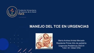 MANEJO DEL TCE EN URGENCIAS
María Andrea Arrieta Mercado
Residente Primer Año de pediatría
Urgencias Pediátricas 2023-II
Tutor: Dr. César Ortiz
 