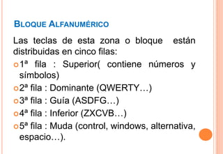BLOQUE ALFANUMÉRICO
Las teclas de esta zona o bloque están
distribuidas en cinco filas:
1ª fila : Superior( contiene números y
símbolos)
2ª fila : Dominante (QWERTY…)
3ª fila : Guía (ASDFG…)
4ª fila : Inferior (ZXCVB…)
5ª fila : Muda (control, windows, alternativa,
espacio…).
 