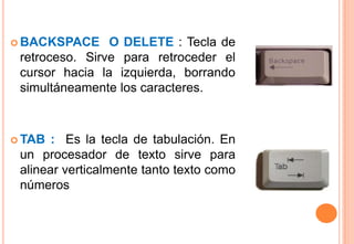  BACKSPACE     O DELETE : Tecla de
 retroceso. Sirve para retroceder el
 cursor hacia la izquierda, borrando
 simultáneamente los caracteres.



 TAB  : Es la tecla de tabulación. En
 un procesador de texto sirve para
 alinear verticalmente tanto texto como
 números
 