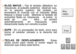    BLOQ MAYUS : Fija el teclado alfabético en
    mayúscula. al pulsarla podemos observar que,
    en la esquina superior del teclado, se
    encenderá la lucecita con el indicador [Blog
    Mayús] o [Caps Lock]. Mientras el teclado de
    encuentra fijado en mayúscula, al pulsar la
    tecla de         una       letra     se pondrá
    automáticamente      en     mayúscula.    para
    desactivarla basta con volverla a pulsar

   SUPR : En un procesador de texto, sirve para
    borrar el carácter ubicado a la derecha del
    cursor

   TECLAS DE DESPLAZAMIENTO:             Estas
    teclas sirven para mover el cursor según la
    dirección que indica cada flecha.
 