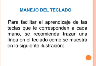 MANEJO DEL TECLADO

Para facilitar el aprendizaje de las
teclas que le corresponden a cada
mano, se recomienda trazar una
línea en el teclado como se muestra
en la siguiente ilustración:
 