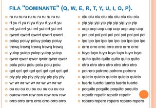 FILA "DOMINANTE" (Q, W, E, R, T, Y, U, I, O, P).
   ru ru ru ru ru ru ru ru ru ru ru         oiu oiu oiu oiu oiu oiu oiu oiu oiu
   rt yu rt yu rt yu rt yu rt yu rt yu      yip yip yip yip yip yip yip yip yip
   ert yui ert yui ert yui ert yui ert      uop uop uop uop uop uop uop uop
   qwert qwert qwert qwert qwert            poi poi poi poi poi poi poi poi poi poi
   poiuy poiuy poiuy poiuy poiuy            ipo ipo ipo ipo ipo ipo ipo ipo ipo ipo
   trewq trewq trewq trewq trewq            erre erre erre erre erre erre erre
   yuiop yuiop yuiop yuiop yuiop            tuyo tuyo tuyo tuyo tuyo tuyo tuyo
   qwer qwer qwer qwer qwer qwer            quito quito quito quito quito quito
   poiu poiu poiu poiu poiu poiu            otro otro otro otro otro otro otro
   qet qet qet qet qet qet qet qet qet      potrero potrero potrero potrero
   piy piy piy piy piy piy piy piy piy      quieto quieto quieto quieto quieto
   wr wr wr wr wr wr wr wr wr wr            tuerto tuerto tuerto tuerto tuerto
   ou ou ou ou ou ou ou ou ou ou            poquito poquito poquito poquito
   ourew rew rew rew rew rew rew            repetir repetir repetir repetir
   orro orro orro orro orro orro orro       ropero ropero ropero ropero ropero
 