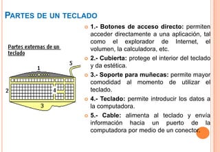 PARTES DE UN TECLADO
                    1.- Botones de acceso directo: permiten
                     acceder directamente a una aplicación, tal
                     como el explorador de Internet, el
                     volumen, la calculadora, etc.
                    2.- Cubierta: protege el interior del teclado
                     y da estética.
                    3.- Soporte para muñecas: permite mayor
                     comodidad al momento de utilizar el
                     teclado.
                    4.- Teclado: permite introducir los datos a
                     la computadora.
                    5.- Cable: alimenta al teclado y envía
                     información hacia un puerto de la
                     computadora por medio de un conector.
 
