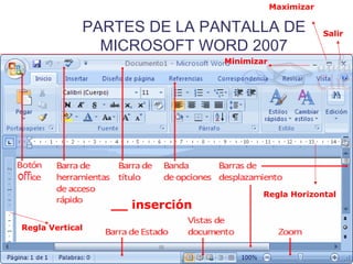 Maximizar

             PARTES DE LA PANTALLA DE                   Salir
               MICROSOFT WORD 2007
                                Minimizar




                                        Regla Horizontal
                 __ inserción
Regla Vertical
 