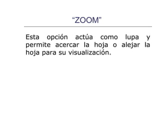 “ZOOM”

Esta opción actúa como lupa y
permite acercar la hoja o alejar la
hoja para su visualización.
 