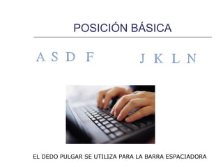 POSICIÓN BÁSICA




EL DEDO PULGAR SE UTILIZA PARA LA BARRA ESPACIADORA
 