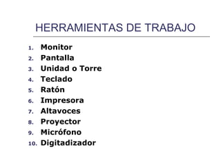 HERRAMIENTAS DE TRABAJO
1.    Monitor
2.    Pantalla
3.    Unidad o Torre
4.    Teclado
5.    Ratón
6.    Impresora
7.    Altavoces
8.    Proyector
9.    Micrófono
10.   Digitadizador
 
