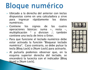  Ubicado a la derecha del anterior con teclas
dispuestas como en una calculadora y sirve
para ingresar rápidamente los datos
numéricos.
 Contiene los signos de las cuatro
operaciones básicas: suma +, resta -,
multiplicación * y division /; también
contiene una tecla de Intro o Enter.
 Para que funcione el teclado numérico debe
estar activada la función "Bloquear teclado
numérico". Caso contrario, se debe pulsar la
tecla [Bloq Lock] o [Num Lock] para activarlo.
 Al pulsarla podemos observar que, en la
esquina superior derecha del teclado, se
encenderá la lucecita con el indicador [Bloq
Num] o [Num Lock].
 