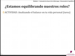 Módulo I – Sentando las bases de tu liderazgo / Alcanzando el equilibrio¿Estamos equilibrando nuestros roles?ACTIVIDAD: Analizando el balance en tu vida personal (tarea)