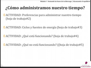 Módulo I – Sentando las bases de tu liderazgo / Alcanzando el equilibrio¿Cómo administramos nuestro tiempo?ACTIVIDAD: Preferencias para administrar nuestro tiempo (hoja de trabajo#2)ACTIVIDAD: Ciclos y fuentes de energía (hoja de trabajo#3)ACTIVIDAD: ¿Qué está funcionando? (hoja de trabajo#4)ACTIVIDAD: ¿Qué no está funcionando? ((hoja de trabajo#5)