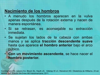 Nacimiento de los hombros
• A menudo los hombros aparecen en la vulva
apenas después de la rotación externa y nacen de
manera espontánea.
• Si se retrasan, es aconsejable su extracción
inmediata.
• Se sujetan los lados de la cabeza con ambas
manos y se aplica tracción descendente suave
hasta que aparece el hombro anterior bajo el arco
púbico.
• Con un movimiento ascendente, se hace nacer el
hombro posterior.
Cunningham FG, Leveno KJ, Bloom SL, Hauth JC, Gilstrap III LC, Wenstrom KD. Obstetricia de Williams. 23 ed.
México D.F.: Edición McGraw-Hill Interamericana; 2011.
 