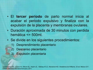• El tercer periodo de parto normal inicia al
acabar el periodo expulsivo y finaliza con la
expulsión de la placenta y membranas ovulares.
• Duración aproximada de 30 minutos con perdida
hemática <= 500ml.
• Se divide en los siguientes procedimientos:
1) Desprendimiento placentario
2) Descenso placentario
3) Expulsión placentaria
Cunningham FG, Leveno KJ, Bloom SL, Hauth JC, Gilstrap III LC, Wenstrom KD. Obstetricia de Williams. 23 ed. México D.F.:
Edición McGraw-Hill Interamericana; 2011.
 