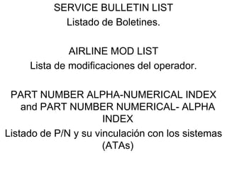 SERVICE BULLETIN LIST
            Listado de Boletines.

              AIRLINE MOD LIST
     Lista de modificaciones del operador.

 PART NUMBER ALPHA-NUMERICAL INDEX
    and PART NUMBER NUMERICAL- ALPHA
                      INDEX
Listado de P/N y su vinculación con los sistemas
                      (ATAs)
 